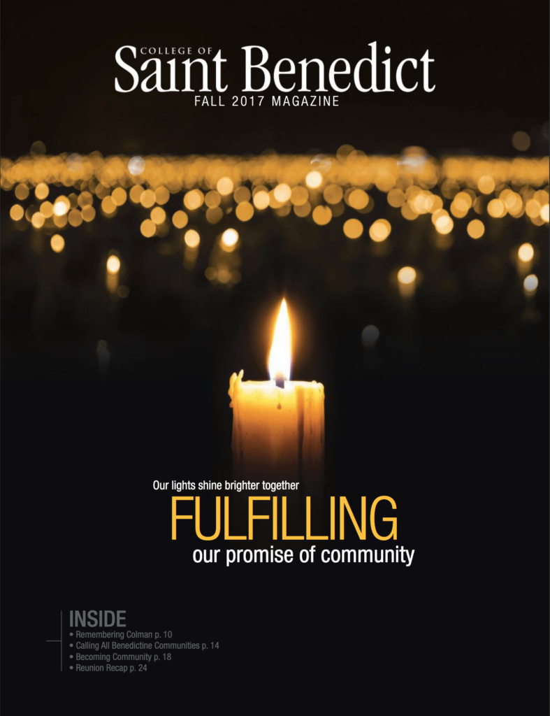 A lit candle in the foreground against a backdrop of numerous blurred lights. The text reads "College of Saint Benedict Fall 2017 Magazine" with the theme "Fulfilling our promise of community." Table of contents is listed at the bottom.